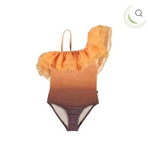 Orange and Brown Ruffled One-Shoulder Swimsuit by designer label, Molo